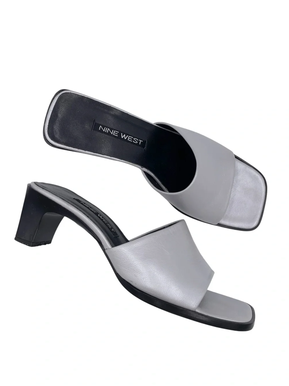 Vintage 90s Y2K Nine West Silver Square Toe Sandal Heels Size 5.5 Retro 2000s